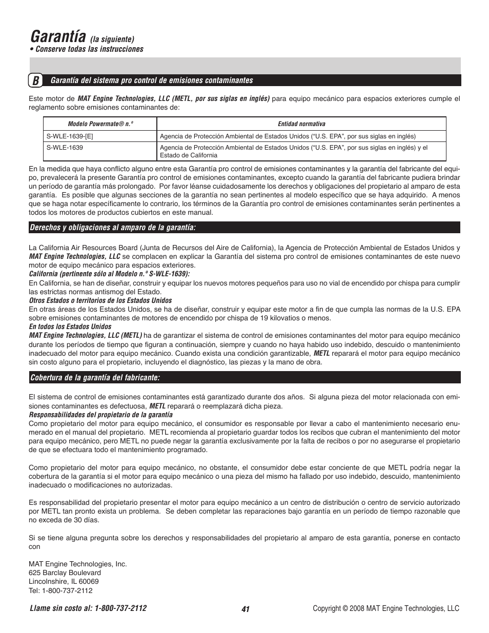 Garantía | Powermate P-WLE-1639 User Manual | Page 42 / 44