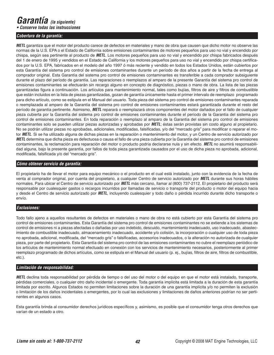 Garantía | Powermate P-WLE-1639 User Manual | Page 43 / 44