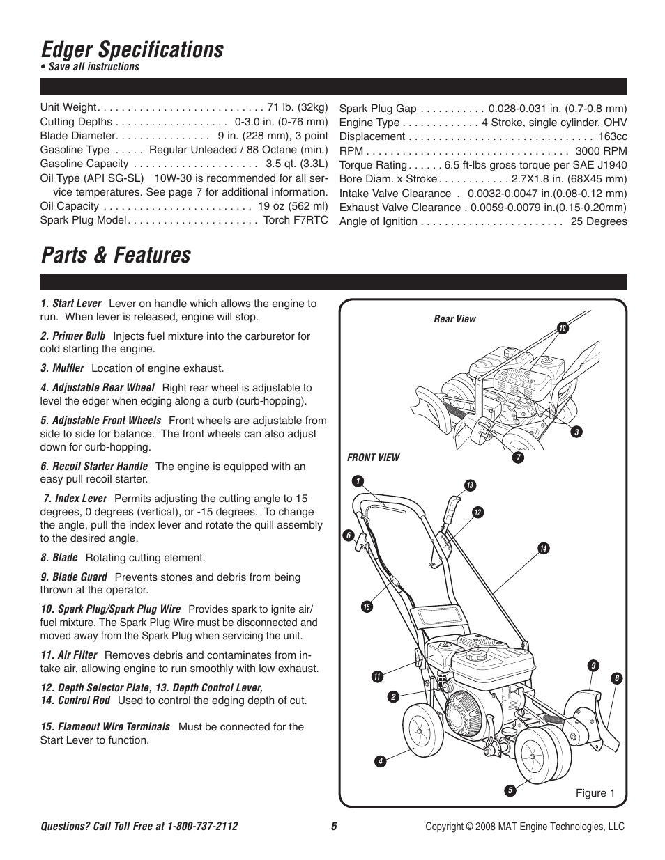 Edger specifications, Parts & features | Powermate P-WLE-1639 User Manual | Page 6 / 44