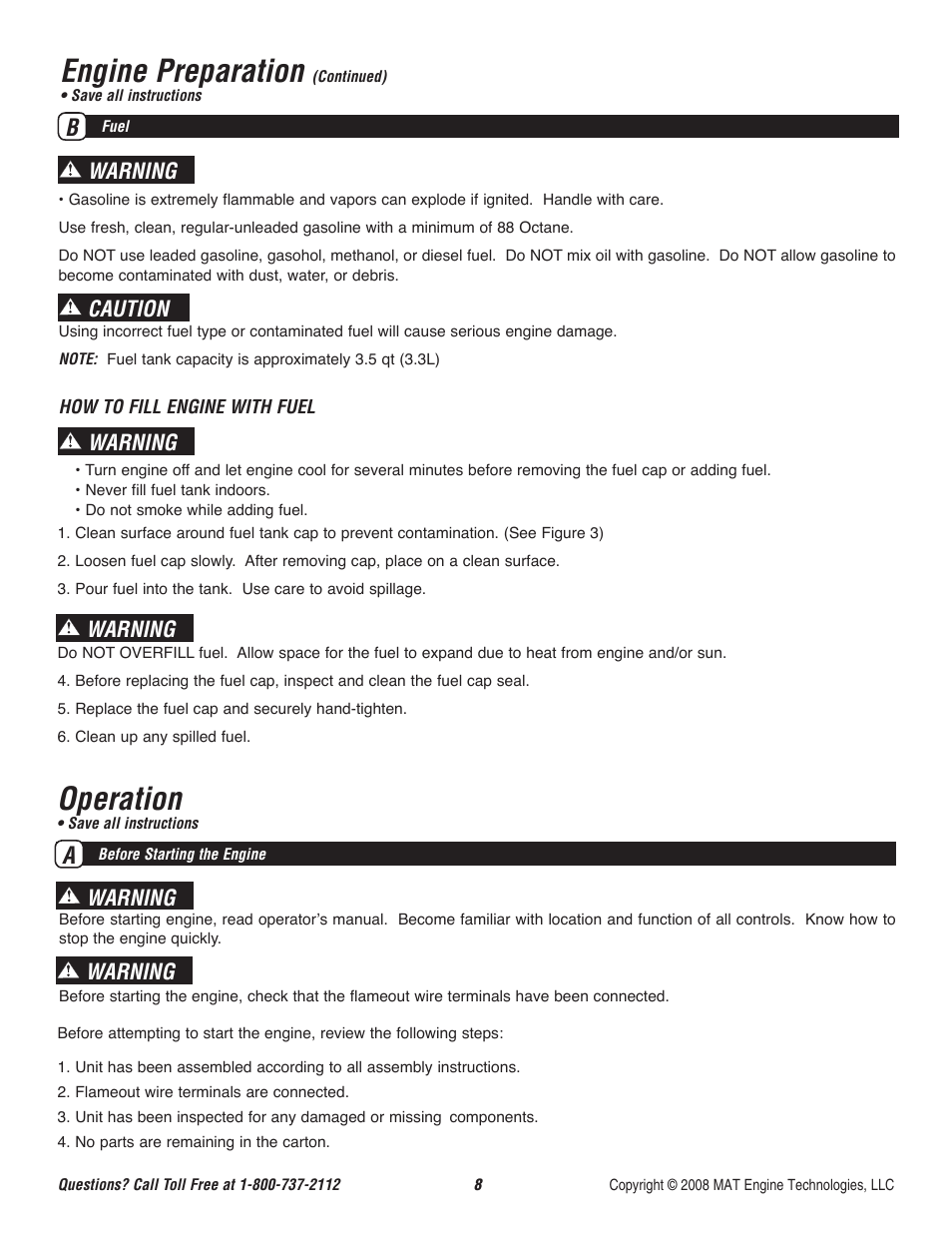 Engine preparation, Operation, Warning | Warning caution warning | Powermate P-WLE-1639 User Manual | Page 9 / 44