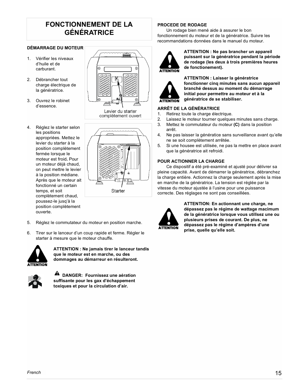 Fonctionnement de la génératrice | Powermate PC0401852 User Manual | Page 15 / 36