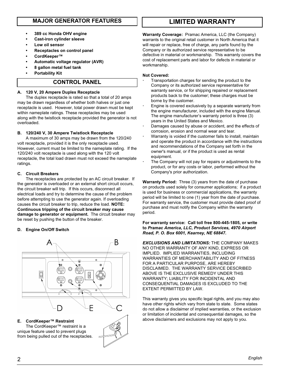 Limited warranty, Control panel major generator features | Powermate PC0497000 User Manual | Page 2 / 12