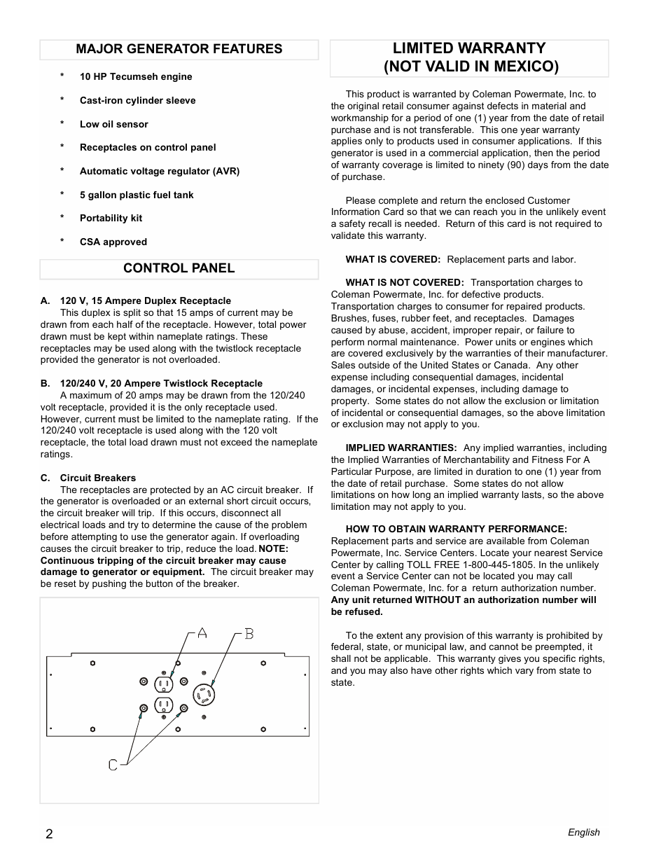 Limited warranty (not valid in mexico), Control panel major generator features | Powermate PC0525303 User Manual | Page 2 / 8
