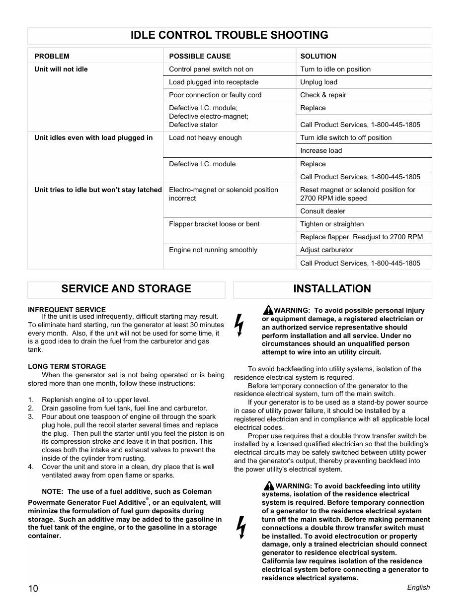 Installation service and storage, Idle control trouble shooting | Powermate PM0558023.01 User Manual | Page 10 / 42