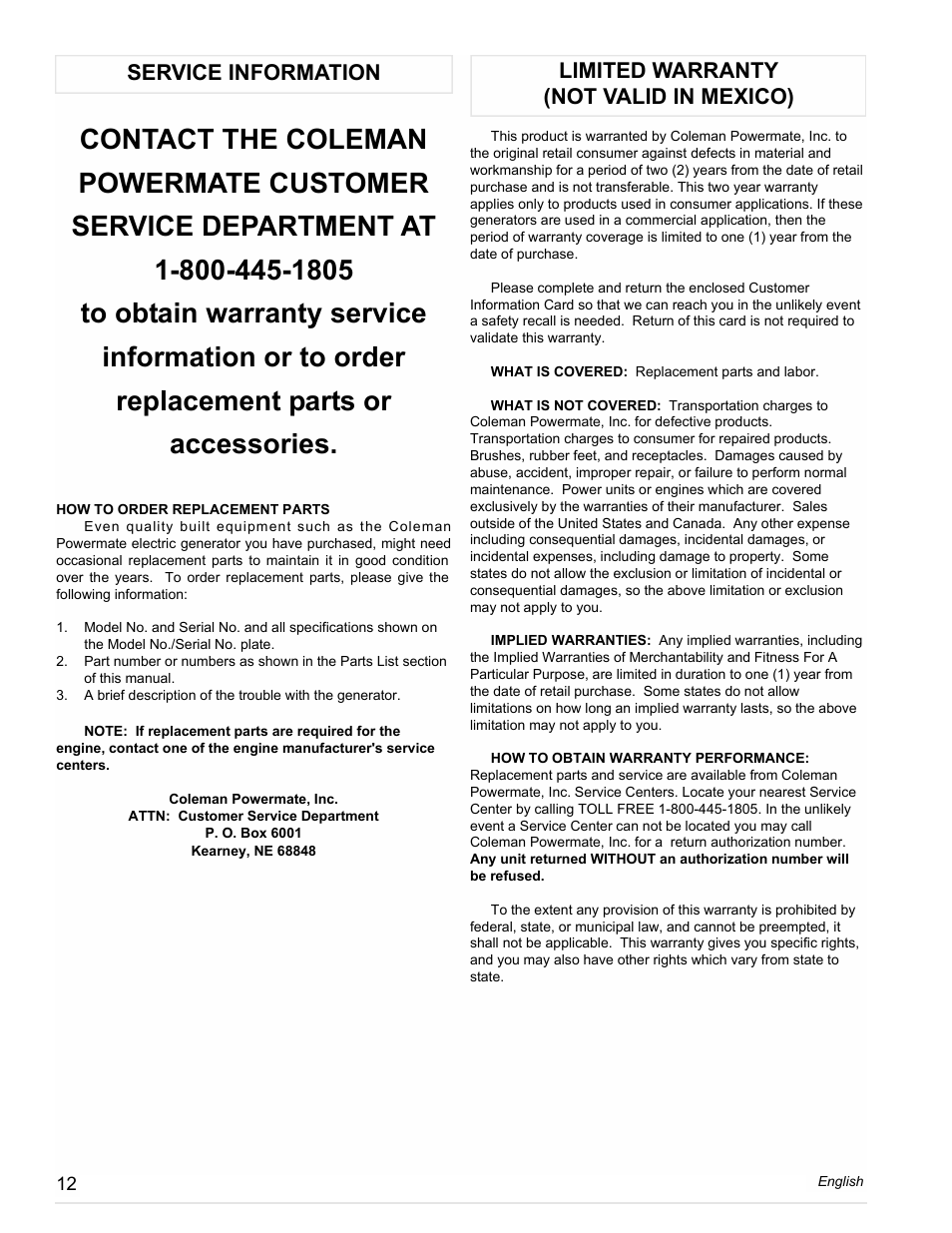 Service information, Limited warranty (not valid in mexico) | Powermate PM0558023.01 User Manual | Page 12 / 42