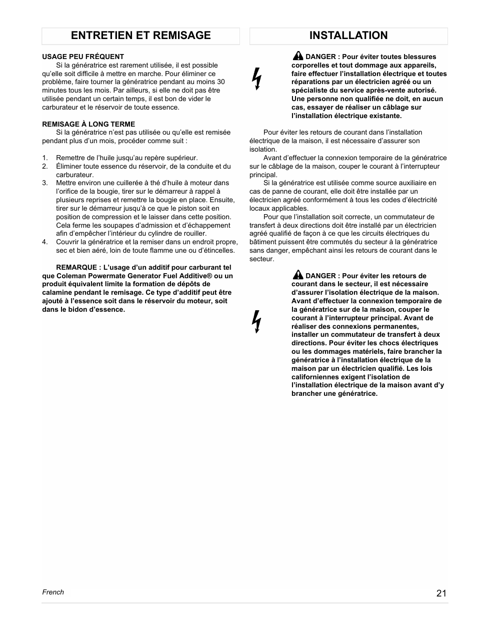 Entretien et remisage installation | Powermate PM0558023.01 User Manual | Page 21 / 42