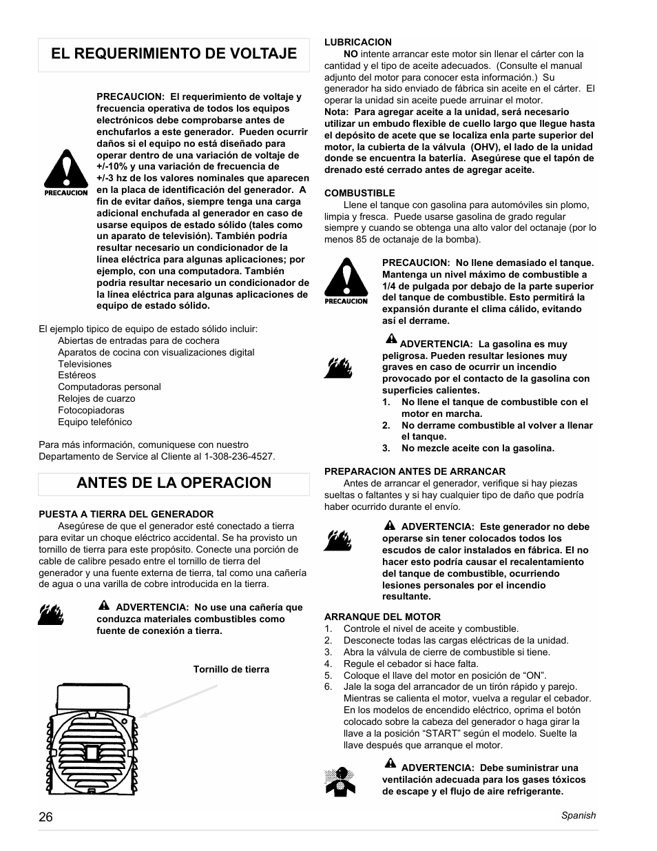 El requerimiento de voltaje, Antes de la operacion | Powermate PM0612023 User Manual | Page 26 / 42