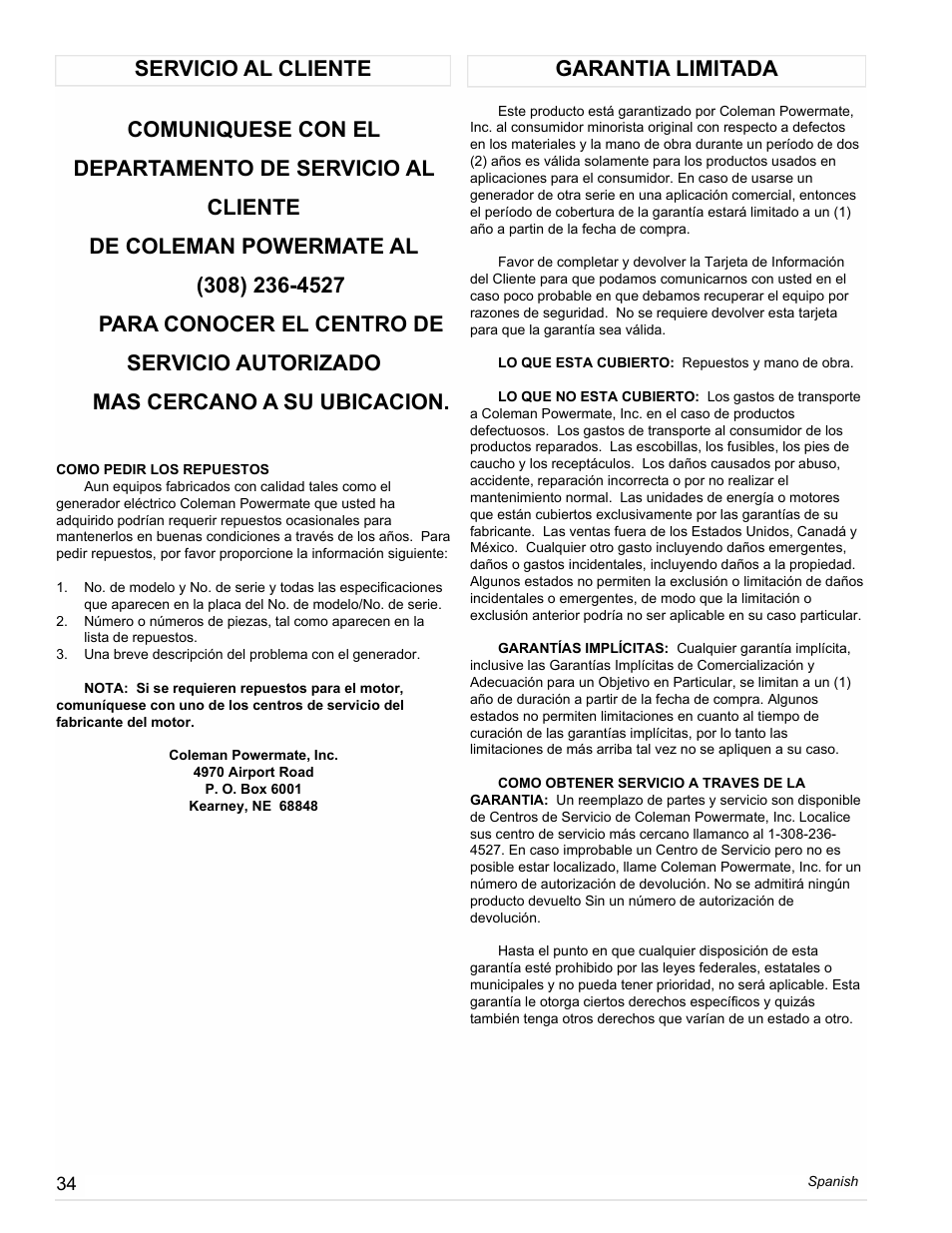 Garantia limitada servicio al cliente | Powermate PM0612023 User Manual | Page 34 / 42