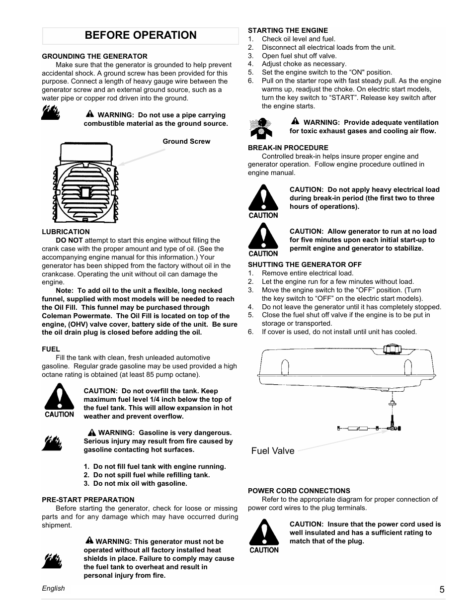 Before operation, Fuel valve | Powermate PM0612023 User Manual | Page 5 / 42