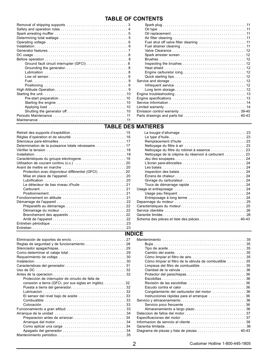 2table of contents table des matieres, Indice | Powermate PM0103008.01 User Manual | Page 2 / 44