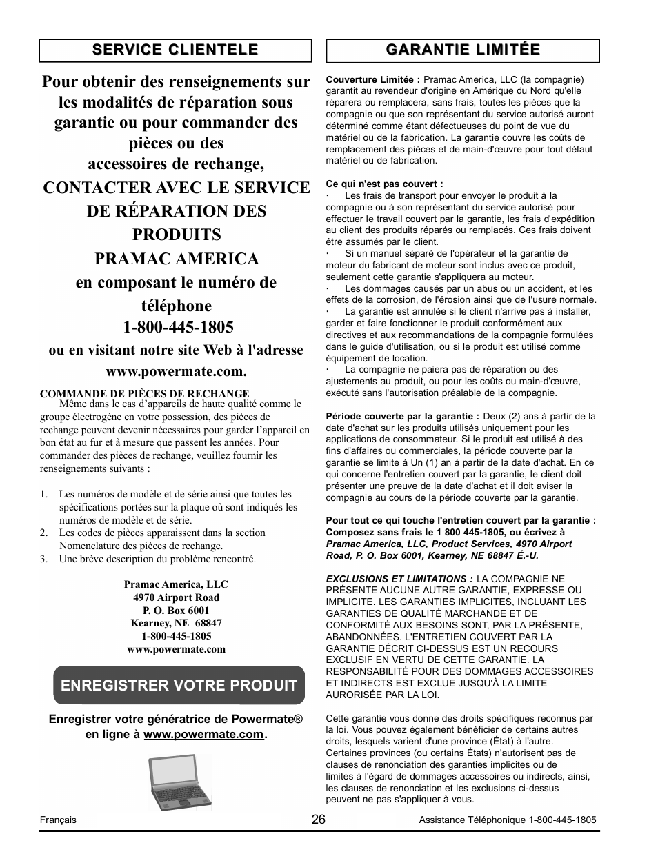 Garantie limitée | Powermate PM0103008.01 User Manual | Page 26 / 44