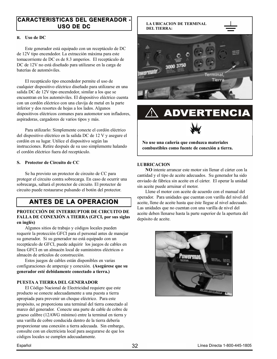 Antes de la operacion | Powermate PM0103008.01 User Manual | Page 32 / 44