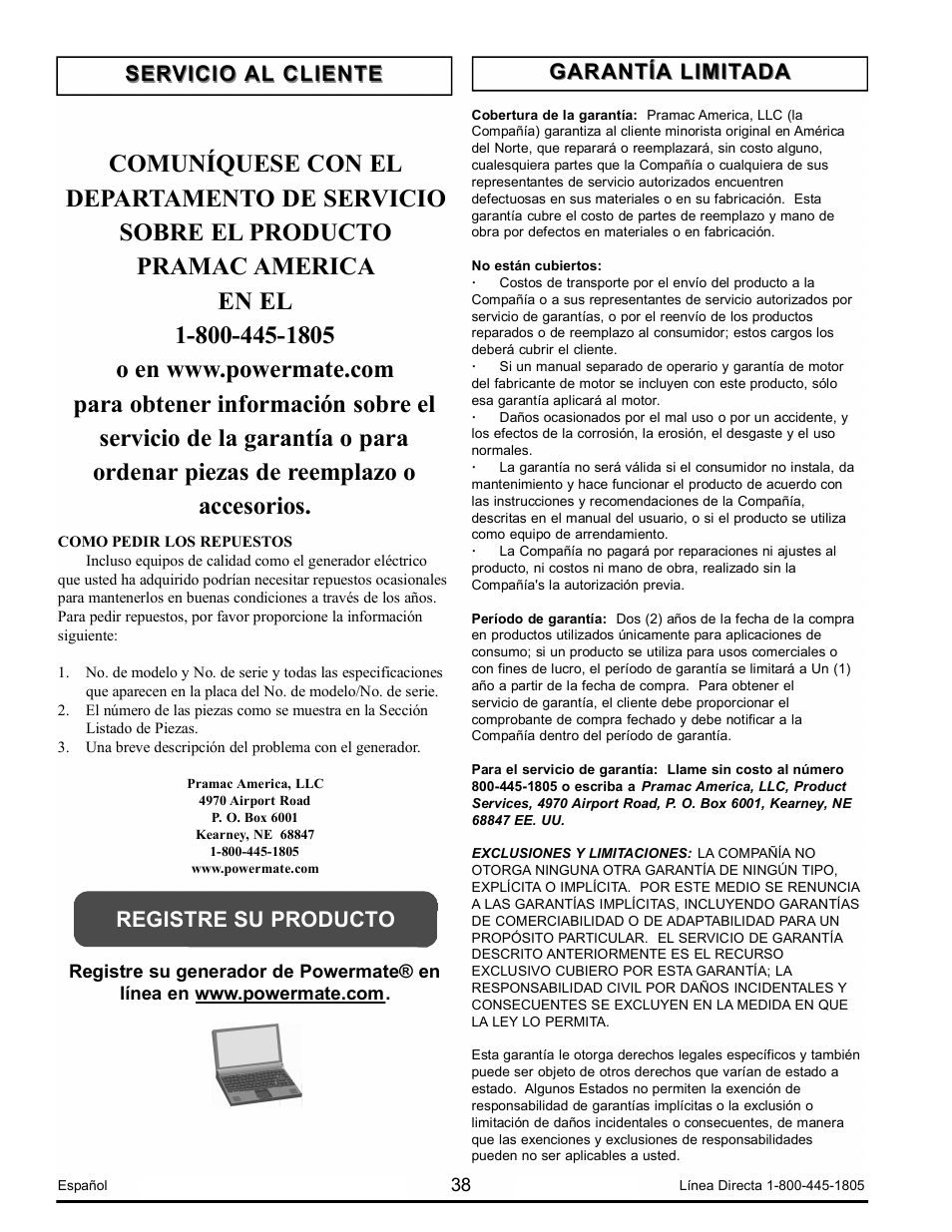 Garantía limitada | Powermate PM0103008.01 User Manual | Page 38 / 44