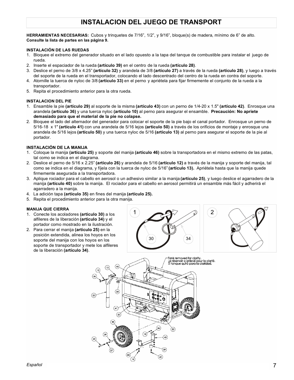 Instalacion del juego de transport | Powermate PM0116000 User Manual | Page 7 / 12