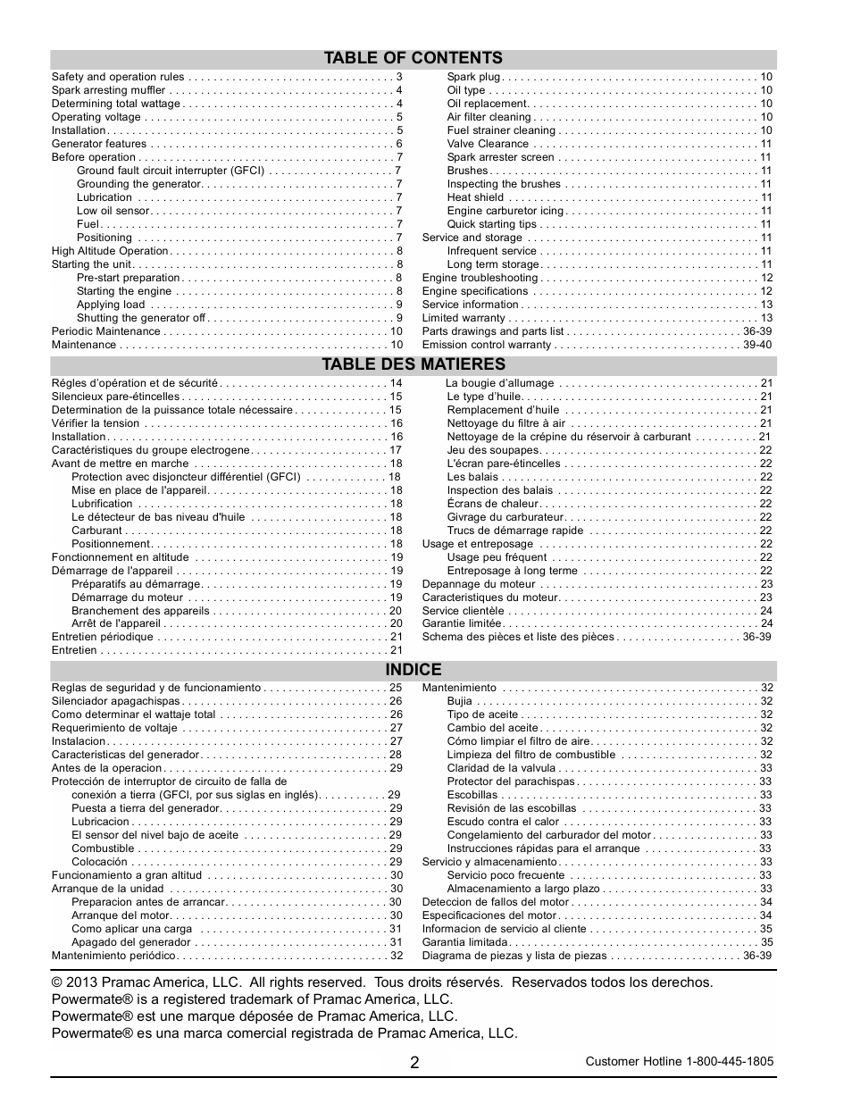 2table of contents table des matieres, Indice | Powermate PM0123250.03 User Manual | Page 2 / 40