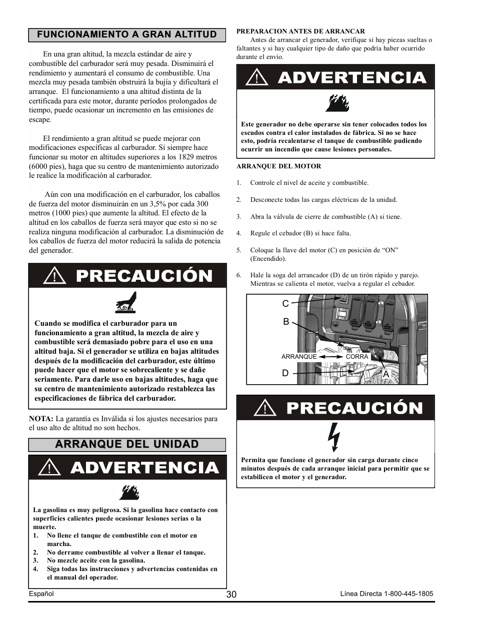 Arranque del unidad, Ac b d, Funcionamiento a gran altitud | Powermate PM0123250.03 User Manual | Page 30 / 40