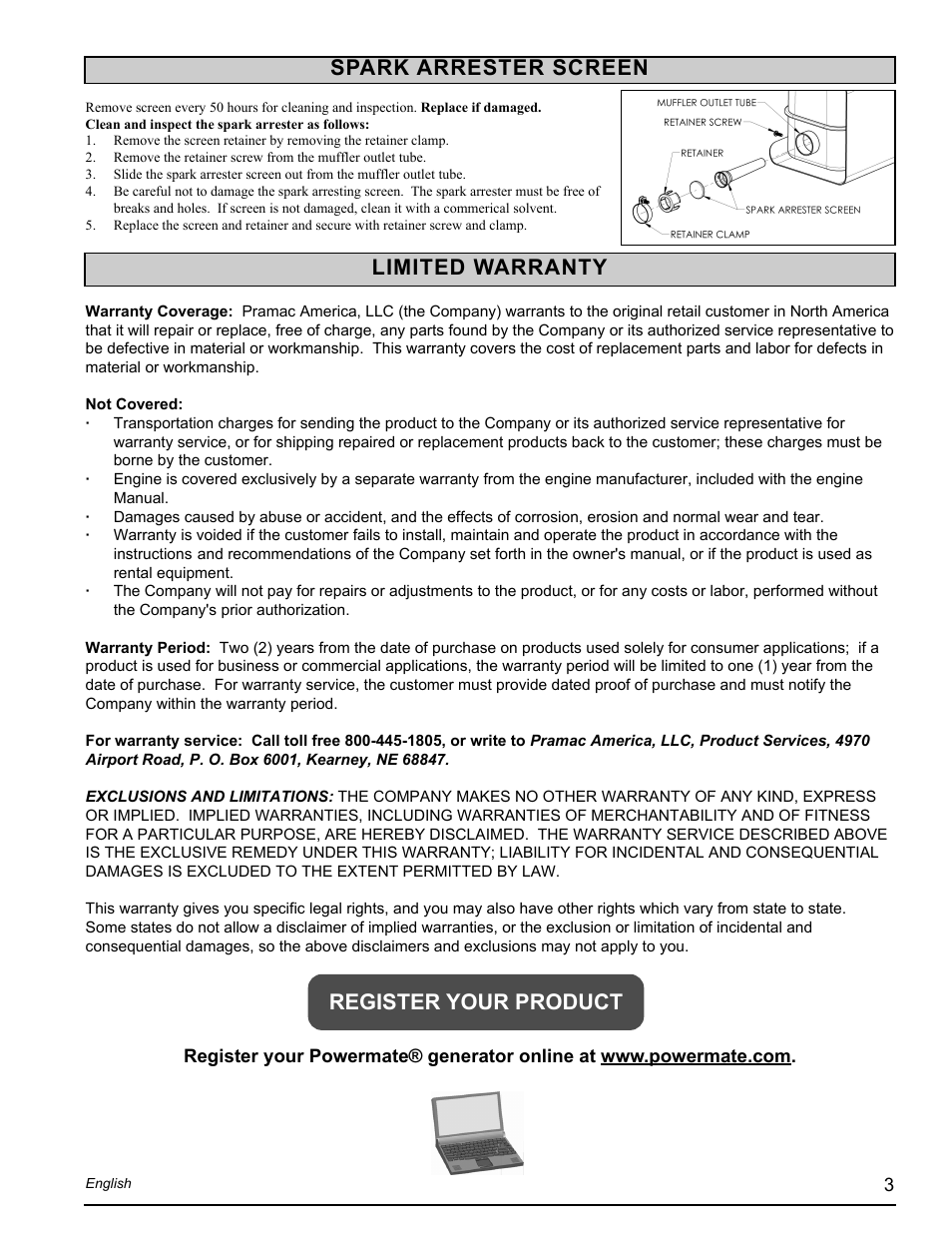 Limited w, Limited w arranty arranty register your product, Sp ark ark arrester screen arrester screen | Powermate PM0126000 User Manual | Page 3 / 12