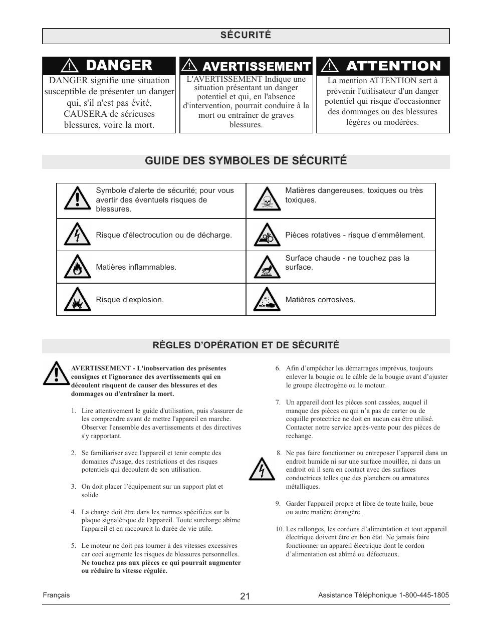 Guide des symboles de sécurité | Powermate PM0133250 User Manual | Page 21 / 64