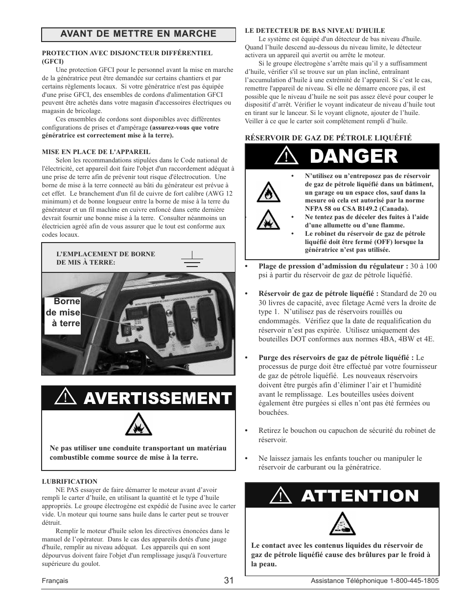 Avant de mettre en marche, Borne de mise à terre | Powermate PM0133250 User Manual | Page 31 / 64
