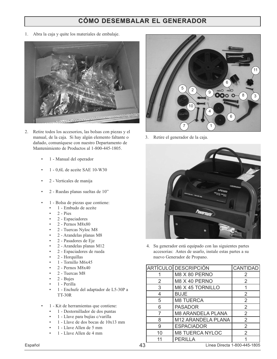 Cómo desembalar el generador | Powermate PM0133250 User Manual | Page 43 / 64