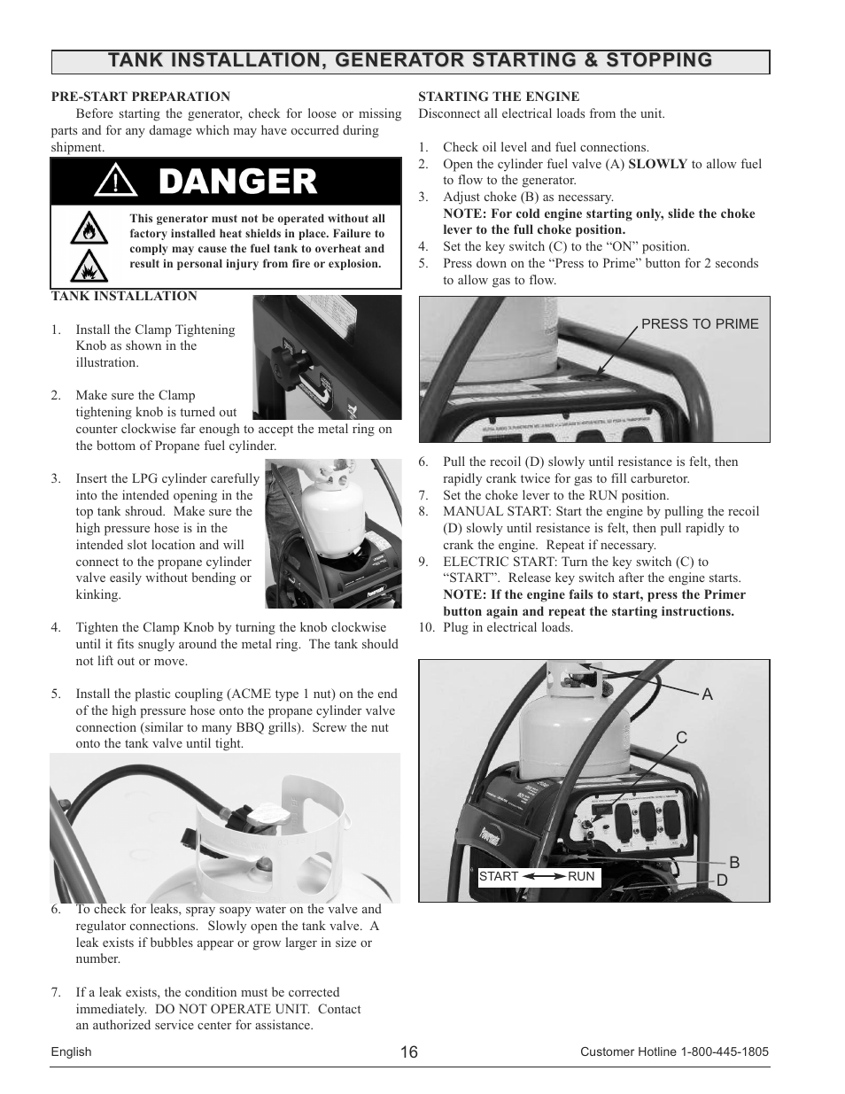 Tank installation, generator starting & stopping | Powermate PM0135500 User Manual | Page 16 / 72