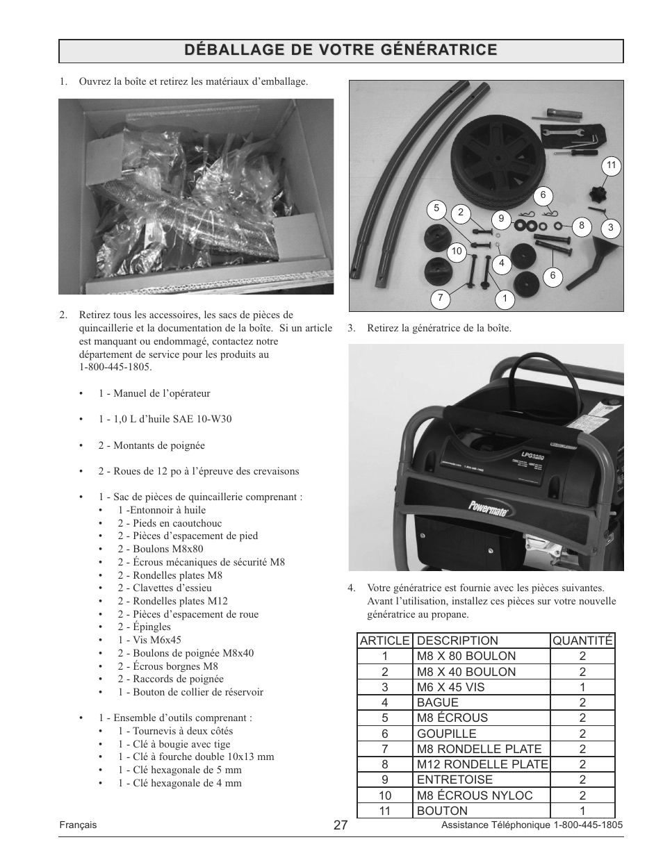 Déballage de votre génératrice | Powermate PM0135500 User Manual | Page 27 / 72