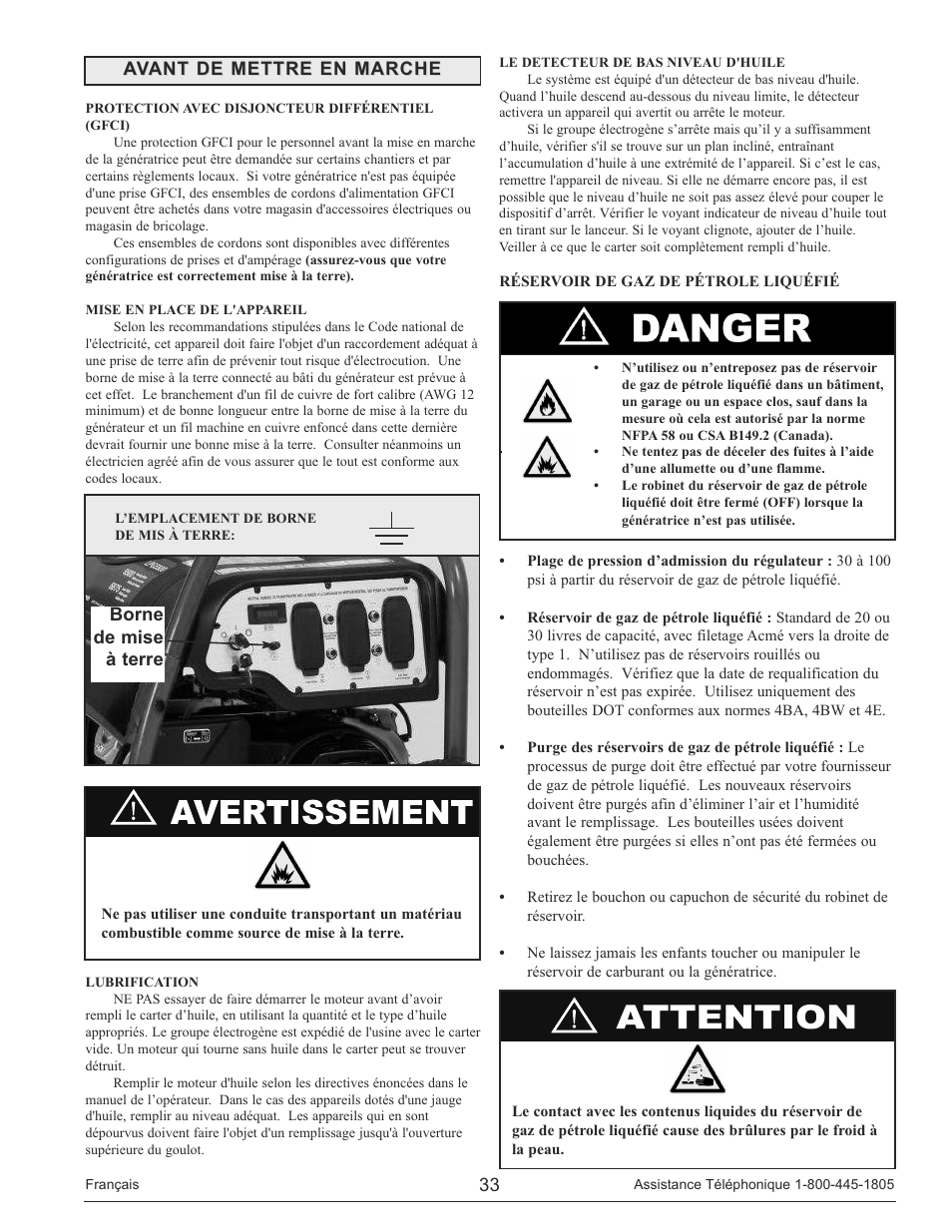 Avant de mettre en marche, Borne de mise à terre | Powermate PM0135500 User Manual | Page 33 / 72