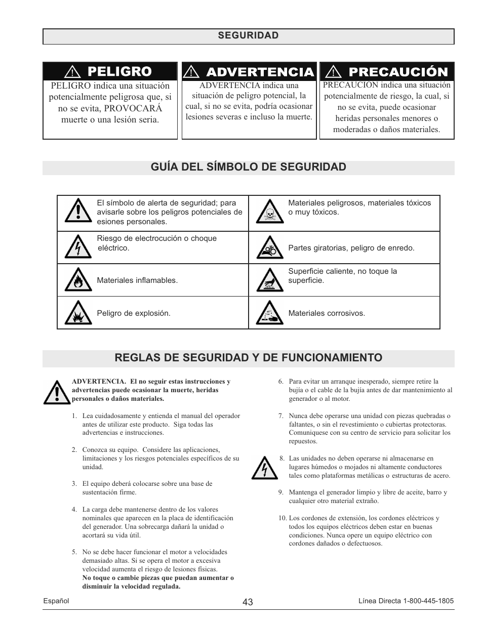 Reglas de seguridad y de funcionamiento, Guía del símbolo de seguridad | Powermate PM0135500 User Manual | Page 43 / 72