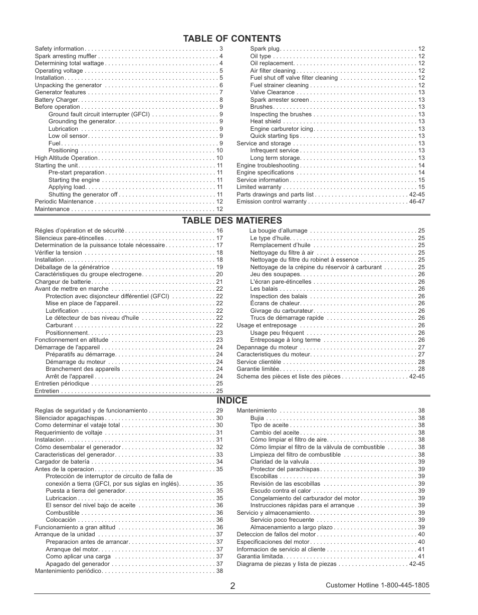 2table of contents table des matieres, Indice | Powermate PM0141200 User Manual | Page 2 / 48