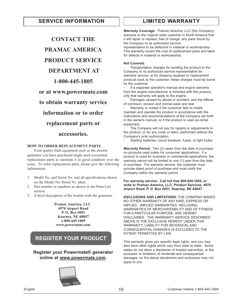 Limited warranty | Powermate PM0143250 User Manual | Page 15 / 48