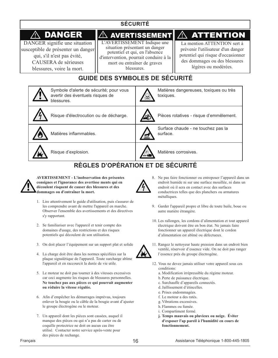 Règles d’opération et de sécurité, Guide des symboles de sécurité, Sécurité | Powermate PM0143250 User Manual | Page 16 / 48