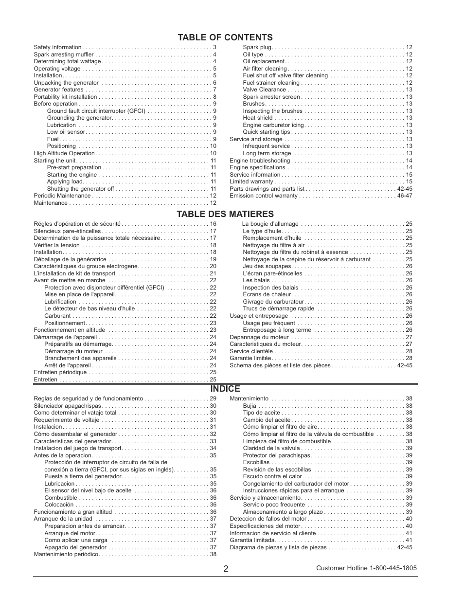 2table of contents table des matieres, Indice | Powermate PM0143250 User Manual | Page 2 / 48