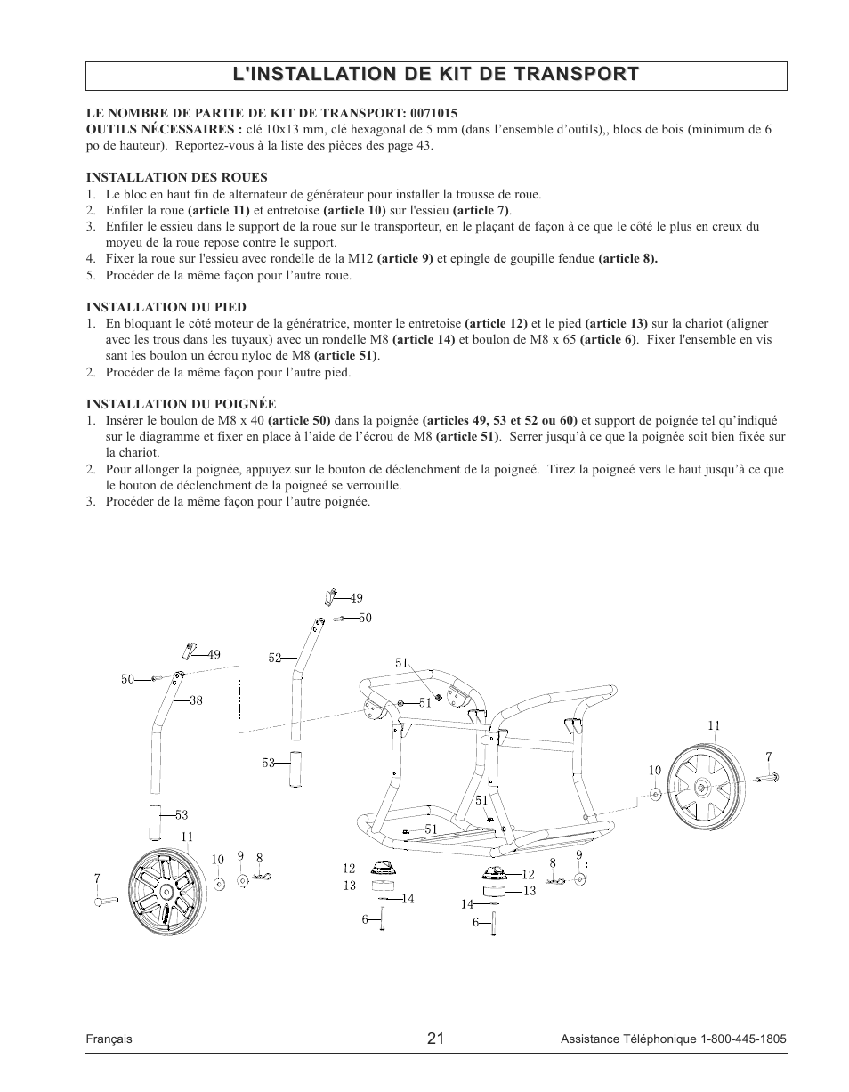 L'installation de kit de transport | Powermate PM0143250 User Manual | Page 21 / 48