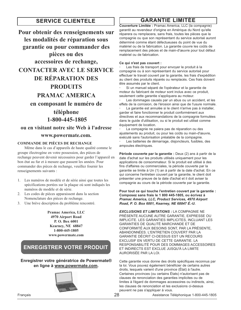 Garantie limitée | Powermate PM0143250 User Manual | Page 28 / 48