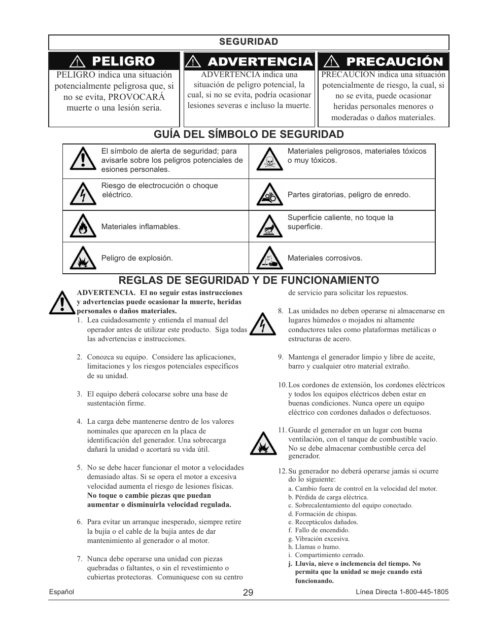 Reglas de seguridad y de funcionamiento, Guía del símbolo de seguridad | Powermate PM0143250 User Manual | Page 29 / 48