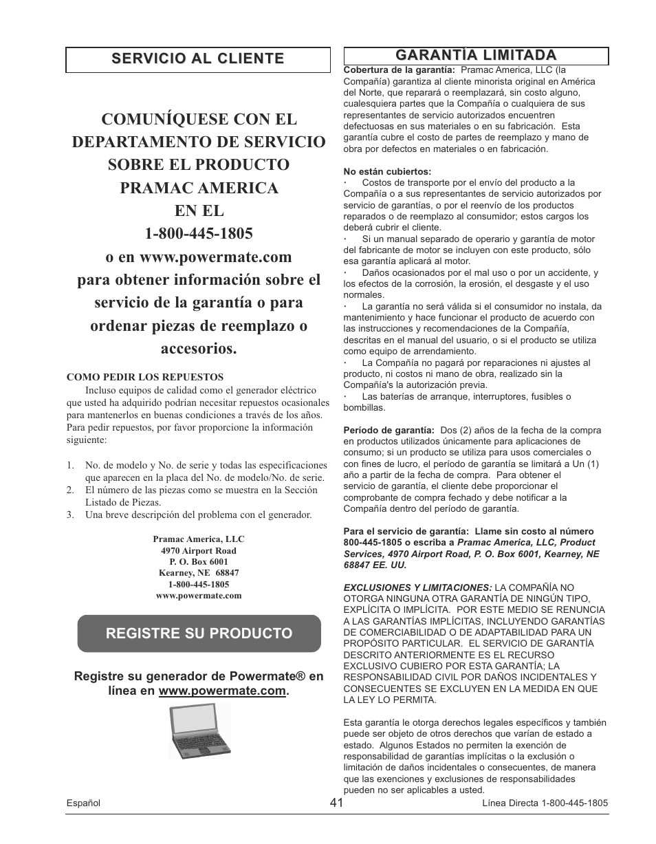 Garantía limitada | Powermate PM0143250 User Manual | Page 41 / 48