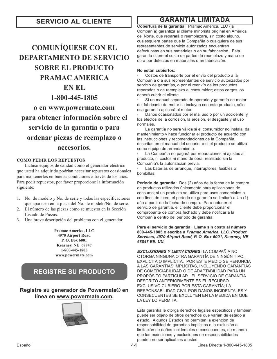 Garantía limitada | Powermate PM0146500.01 User Manual | Page 44 / 52