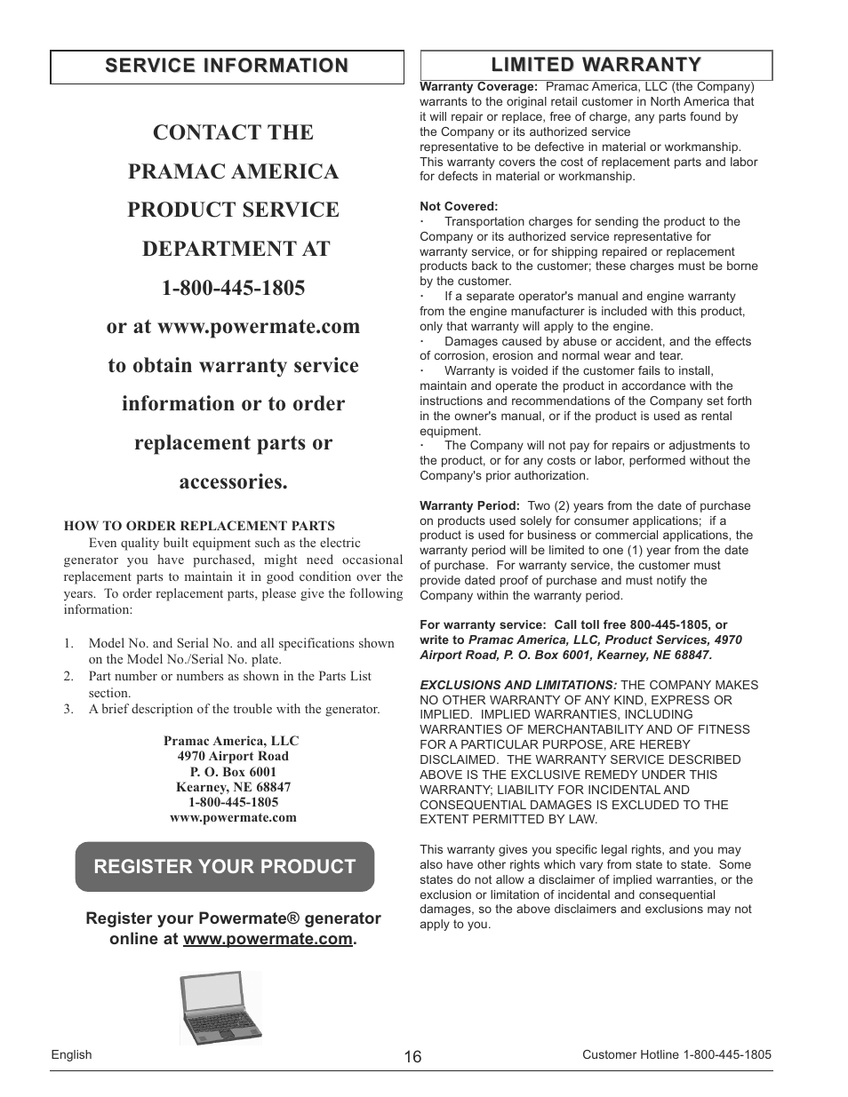 Limited warranty | Powermate PM0148000 User Manual | Page 16 / 52