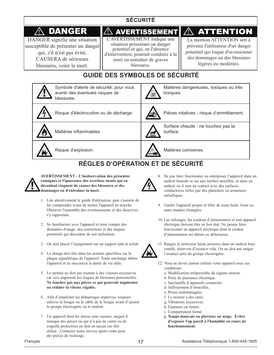 Règles d’opération et de sécurité, Guide des symboles de sécurité | Powermate PM0148000 User Manual | Page 17 / 52