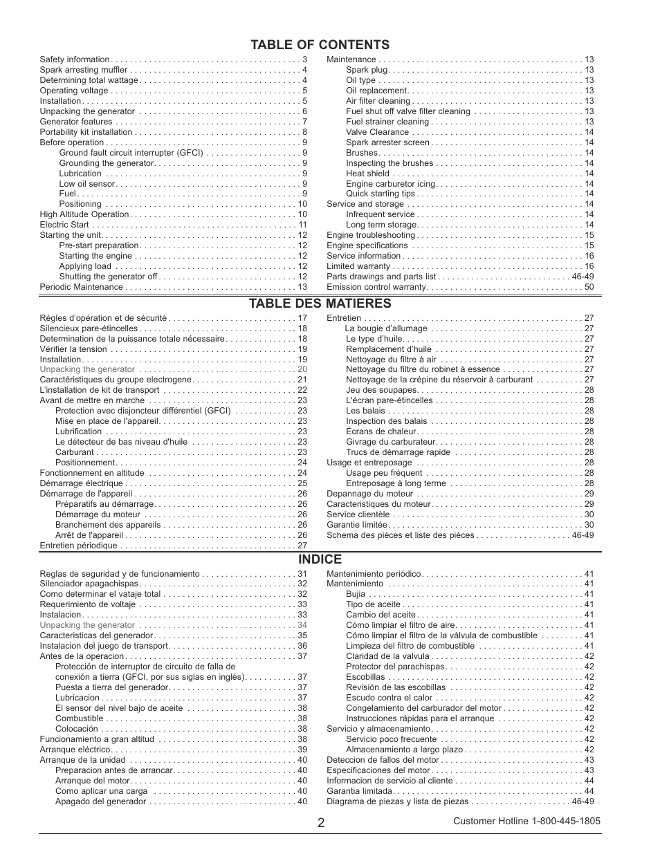 2table of contents table des matieres, Indice | Powermate PM0148000 User Manual | Page 2 / 52