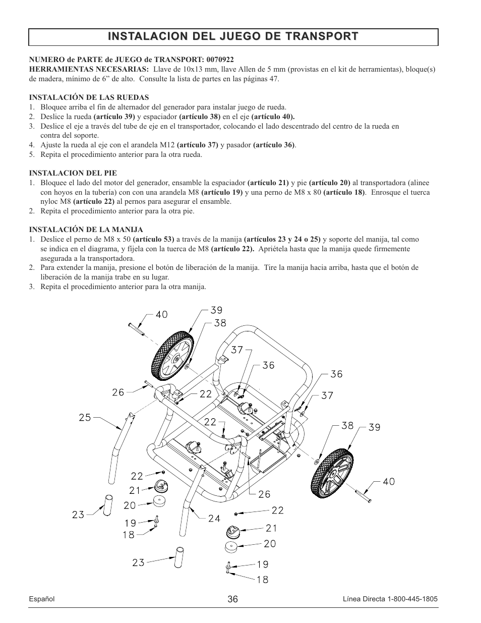 Instalacion del juego de transport | Powermate PM0148000 User Manual | Page 36 / 52
