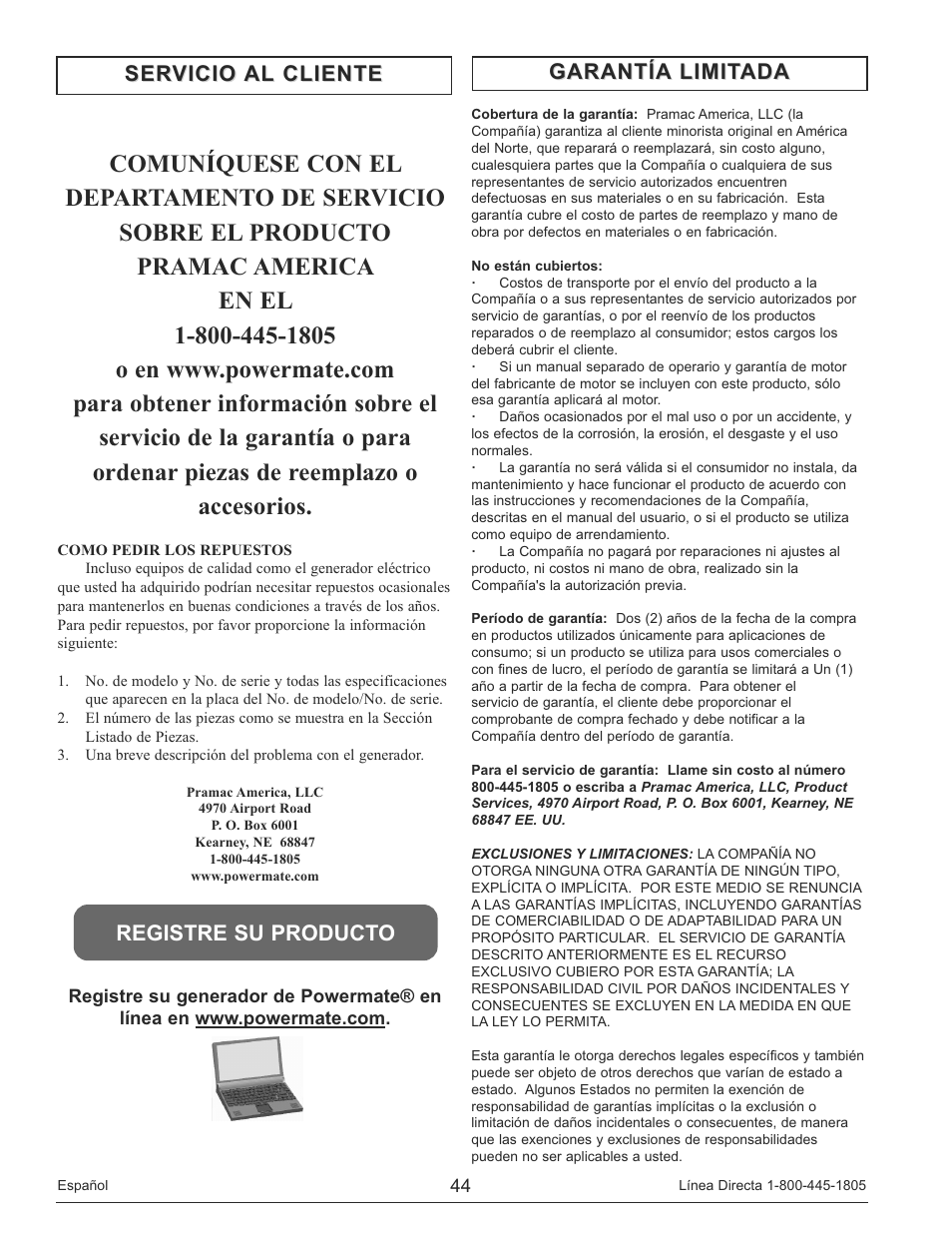 Garantía limitada | Powermate PM0148000 User Manual | Page 44 / 52