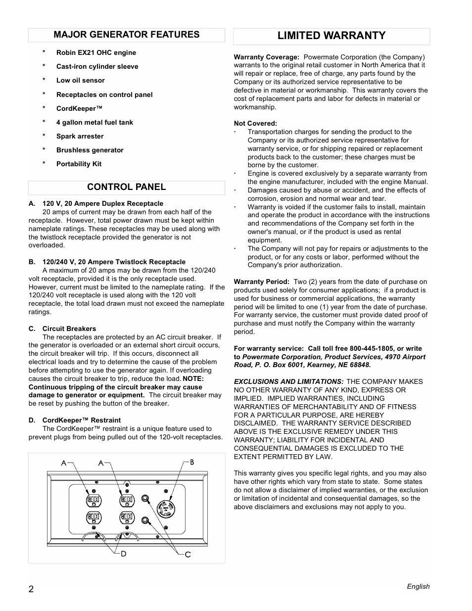 Limited warranty, Control panel major generator features | Powermate PM0433500 User Manual | Page 2 / 12
