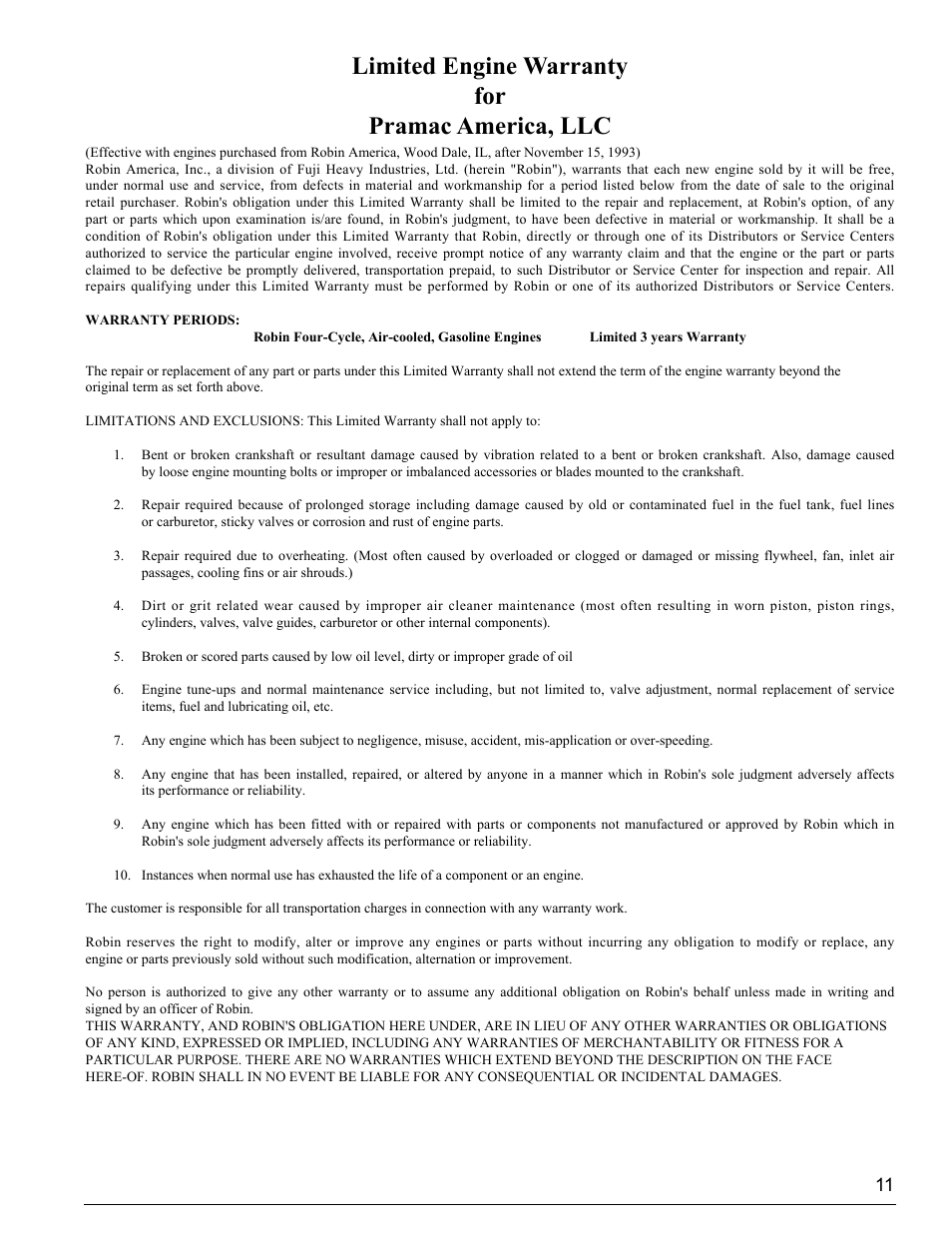 Limited engine warranty for pramac america, llc | Powermate PM0435005.02 User Manual | Page 11 / 12