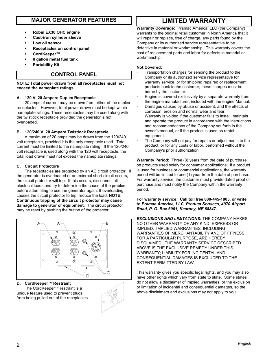 Limited warranty, Control panel major generator features | Powermate PM0435005.02 User Manual | Page 2 / 12