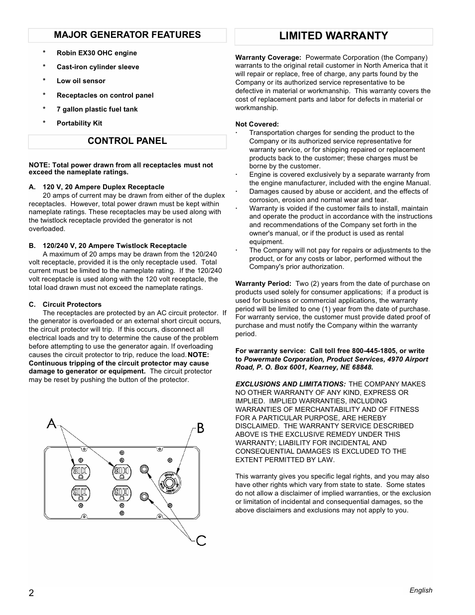 Limited warranty, Control panel major generator features | Powermate PM0435100 User Manual | Page 2 / 12