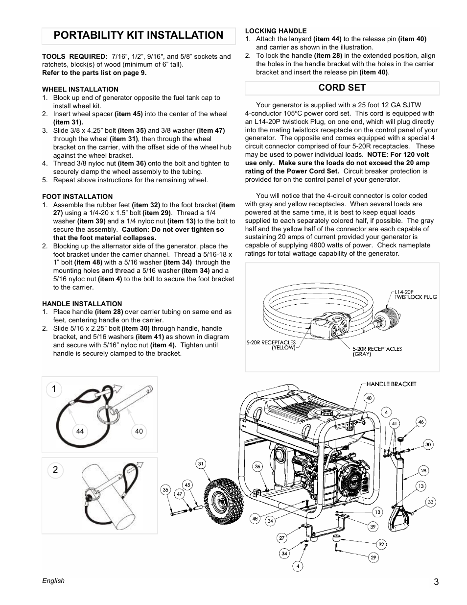 Portability kit installation, Cord set 2 1 | Powermate PM0435100 User Manual | Page 3 / 12