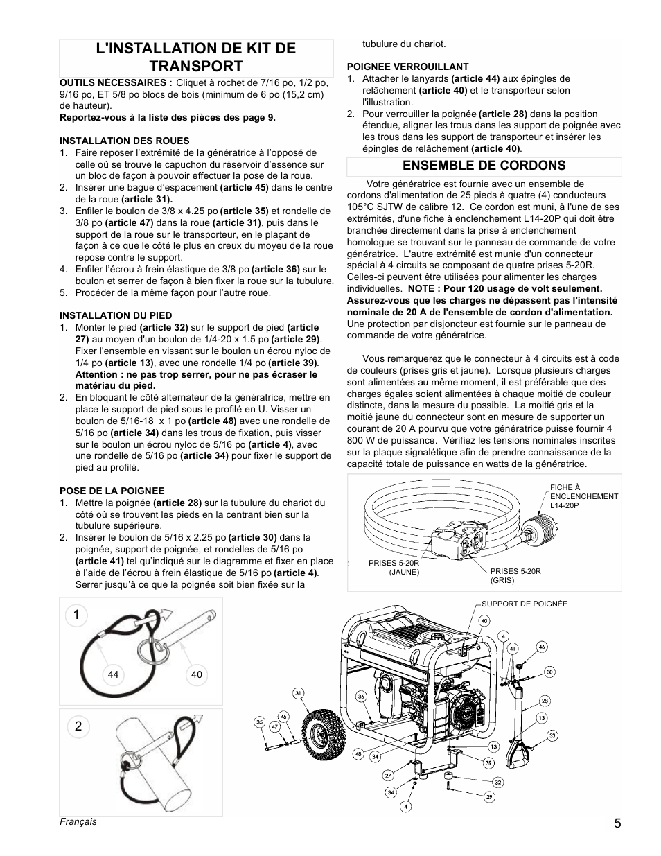 L'installation de kit de transport, Ensemble de cordons | Powermate PM0435100 User Manual | Page 5 / 12