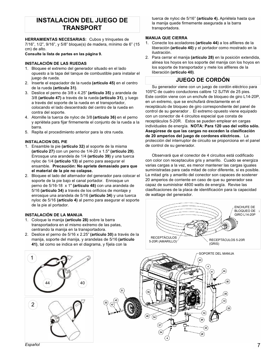 Instalacion del juego de transport, Juego de cordón | Powermate PM0435100 User Manual | Page 7 / 12