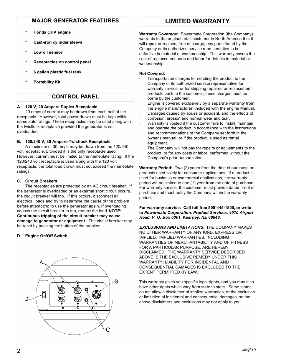 Limited warranty, Control panel major generator features | Powermate PM0495503.02 User Manual | Page 2 / 12